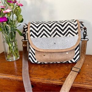 Myra Canvas & Hairon Bag with Black & White Zigzag Striped Print